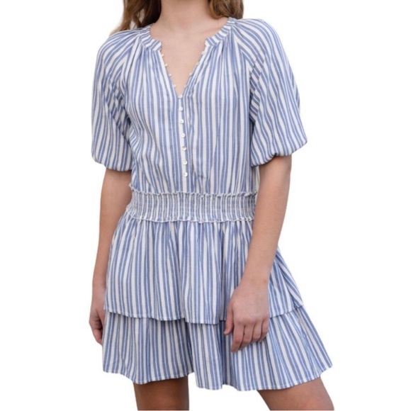 Anthropologie BTFL-life Stripe Tiered Mini Dress SizeXS Blue Bishop Sleeve Beach - Picture 2 of 9